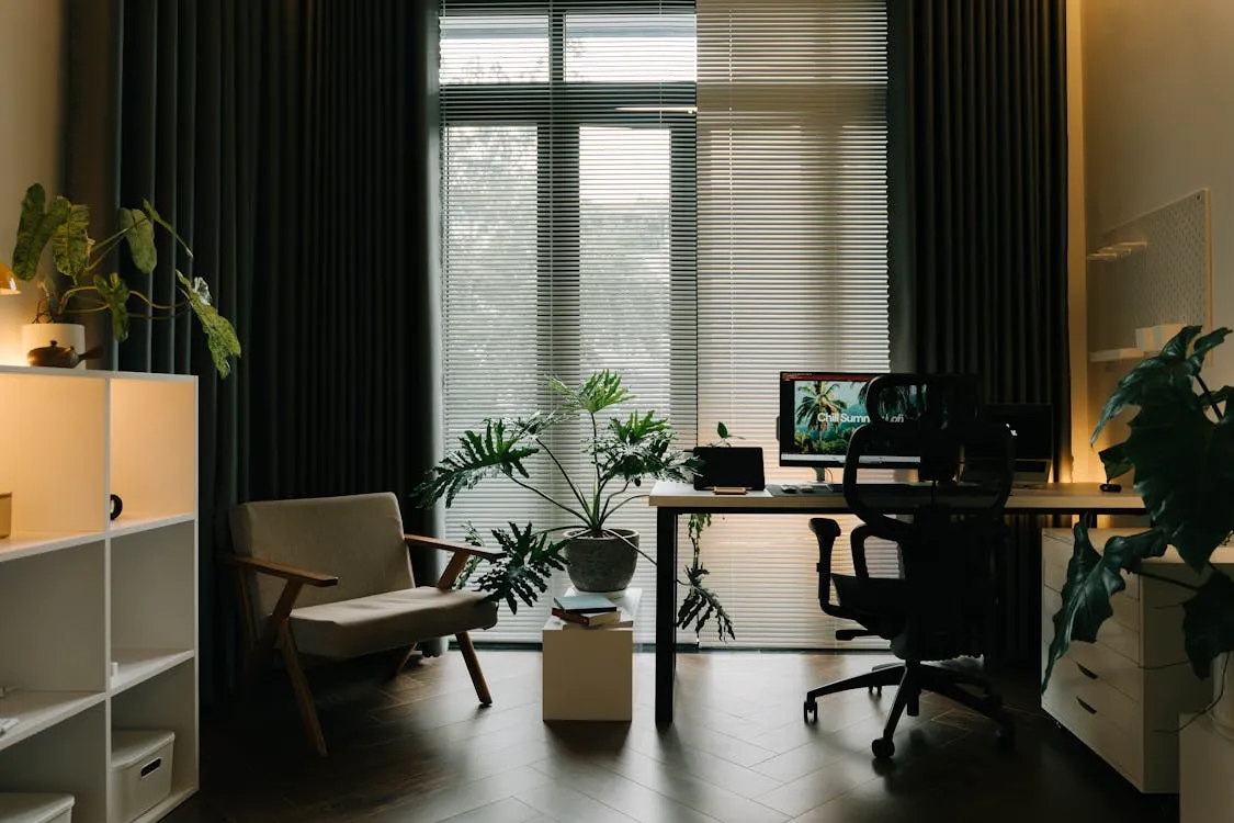 Opgeruimde en rustige werkplek met plant en natuurlijk licht